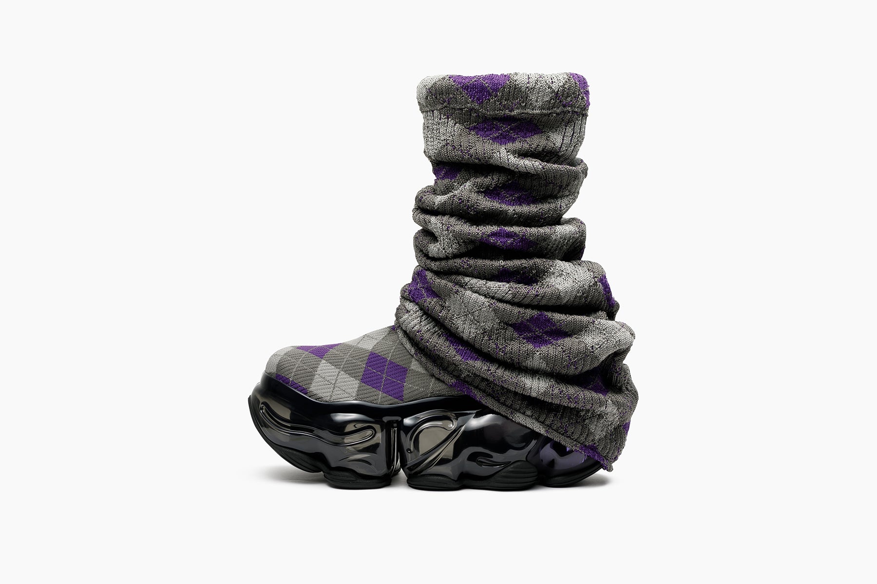 grounds SKYSCRAPER LOOSE SOCKS KNIT CHARCOAL PURPLE ARGYLE / BLACK PURPLE